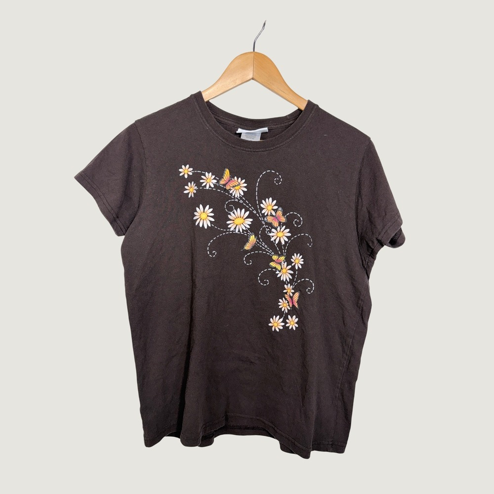 Country Store T-Shirt Womens Medium Brown Daisy Butterfly Graphic Tee Floral